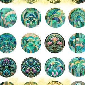 Könnte beinhalten: Eine Sammlung kreisförmiger Kunstdrucke in Türkis, Grün und Gold. Jedes Design zeigt komplizierte Blumen- oder geometrische Muster. Der Text "ChinchillaPrints" wird in einer Neon-Schriftart über dem Bild angezeigt.