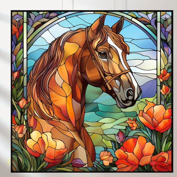 馬のステンドグラスアートプリント5枚セット：動物テーマ（デジタル