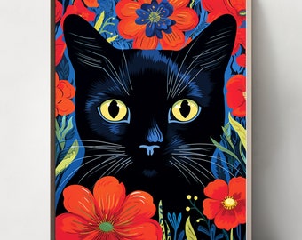 グスタフ・クリムト風猫アートプリント5枚セット：フラワーガーデン