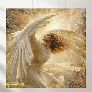May include: A square canvas print featuring a celestial figure with large, detailed white wings. The figure, with flowing blonde hair, is dressed in a cream-colored gown. The background is a blend of gold and beige tones, creating a radiant effect.