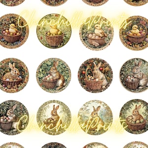 May include: A set of 16 round, colourful, illustrated Easter-themed stickers featuring chicks and bunnies holding baskets of eggs. The stickers are perfect for adding a touch of spring to your crafts, gifts, and home decor.