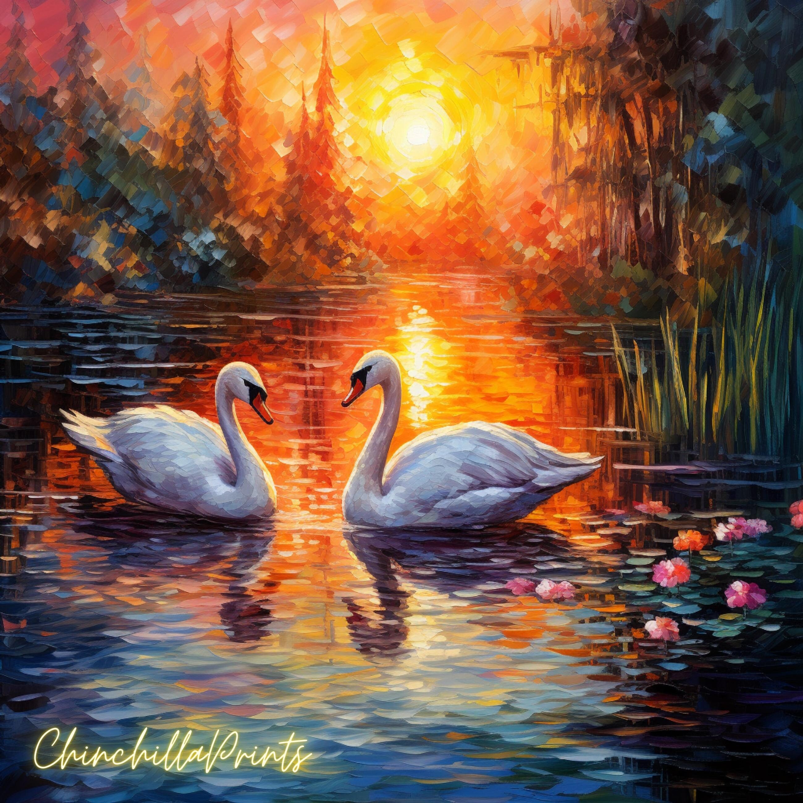 白鳥の湖のアートプリント3枚セット：穏やかな風景画（デジタル