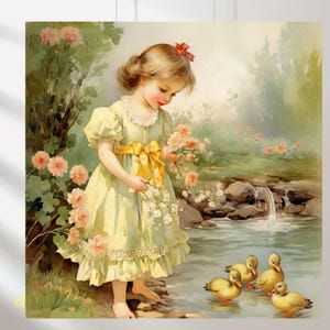 Menina com uma galinha Conjunto de 5, Menina com um pato, Pato, Paisagem campestre, Ilustrações shabby chic, desenhos vintage, cartões postais vintage