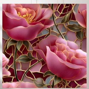 May include: A digital art print featuring large, pink peony flowers with gold outlines and accents. The petals have a gradient effect, transitioning from deep pink to lighter shades. The background is a mosaic of pink, gray, and burgundy shapes.