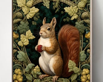8.5''x11'' Set of 5 Squirrel Art Nouveau by William Morris, Squirrel in the Forest