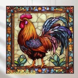 May include: A stained glass style illustration of a rooster with a red comb and wattle, brown and orange feathers, and a blue and purple tail. The rooster is set against a background of colorful stained glass.