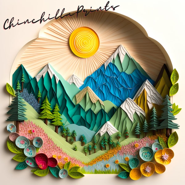 Quilling Art imprimable papier découpé montagnes Nature paysage, art quilling en papier, art en papier découpé, impression d'art numérique, téléchargement immédiat JPG 3