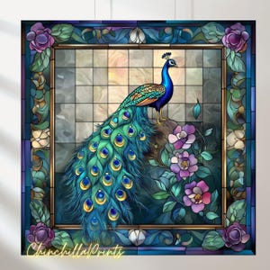 オウムのステンドグラスプリントセット：鮮やかな鳥の絵5枚（デジタル