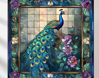 Peacock Stained Glass Print Set: Colorful Bird Art (Digital Download)