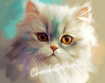 May include: A close-up portrait of a white Persian cat with bright yellow eyes. The cat has a fluffy coat and a soft expression. The background is a blurred, light blue and beige color.