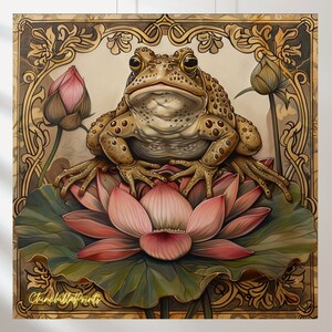 K&ouml;nnte beinhalten: Detaillierte Illustration eines Frosches auf einer rosa Lotusblume, umgeben von gr&uuml;nen Bl&auml;ttern und Knospen. Der Frosch ist braun mit strukturierter Haut und gro&szlig;en Augen. Das Kunstwerk hat einen Vintage-Stil des Jugendstils mit einem dekorativen Goldrand und dem Text "ChinchillaPrints".