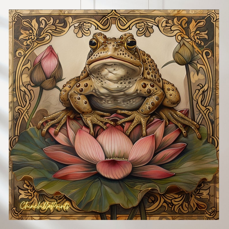K&ouml;nnte beinhalten: Detaillierte Illustration eines Frosches auf einer rosa Lotusblume, umgeben von gr&uuml;nen Bl&auml;ttern und Knospen. Der Frosch ist braun mit strukturierter Haut und gro&szlig;en Augen. Das Kunstwerk hat einen Vintage-Stil des Jugendstils mit einem dekorativen Goldrand und dem Text "ChinchillaPrints".