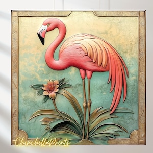 Flamingo Set of 5, Imitation Metal Bronze Vintage 1930s, Tile Design, Original Flamingo on Pond, Designer Work