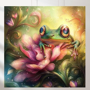 Könnte beinhalten: Eine fantasievolle Illustration einer Frosch mit großen Augen, der auf einer rosa-orangenen Blume sitzt. Der Frosch ist grün mit gesprenkelter Haut, vor dem Hintergrund von Blättern und sanftem Licht, was eine magische Szene schafft.