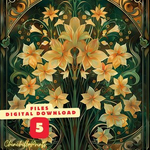 May include: A digital download of 5 printable files featuring an art nouveau style illustration of a bouquet of yellow flowers with green leaves and stems against a dark green background. The text "FILES DIGITAL DOWNLOAD" and the number "5" are in red.