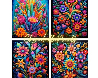 Gravuras de arte indígena Huichol: arte floral mexicana psicodélica (download digital)