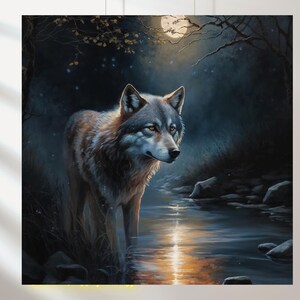 Peut inclure: Un loup solitaire se tient dans une forêt éclairée par la lune, regardant le reflet de la lune dans une rivière calme. Le loup est gris et brun avec une poitrine blanche et une queue touffue. La forêt est sombre et mystérieuse, avec de grands arbres et une épaisse canopée de feuilles.