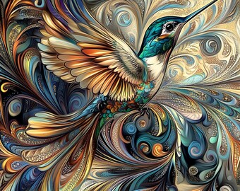Puede incluir: Un colibrí colorido con plumas iridiscentes azules, verdes y doradas vuela sobre un fondo de patrones abstractos en espiral en tonos dorados, azules y marrones.