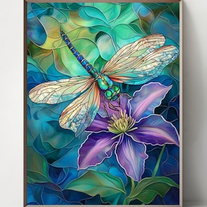 May include: A stained glass style illustration of a dragonfly with blue and green wings landing on a purple flower with a yellow center.