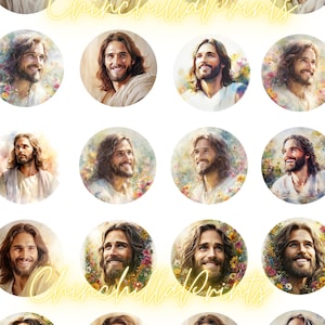 May include: A collection of circular prints featuring portraits of a man with long brown hair and a beard. The portraits vary in style, some with floral backgrounds, and all depict the man smiling. The text "Chinchilla Prints" is visible.