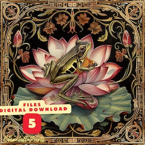 K&ouml;nnte beinhalten: Digitaler Kunstdruck mit einer detaillierten Illustration eines Frosches auf einer Lotusblume. Der Hintergrund ist schwarz mit goldenen und floralen Verzierungen. Der Text "FILES DIGITAL DOWNLOAD 5" ist enthalten.