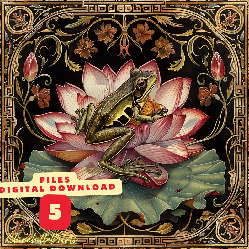 K&ouml;nnte beinhalten: Digitaler Kunstdruck mit einer detaillierten Illustration eines Frosches auf einer Lotusblume. Der Hintergrund ist schwarz mit goldenen und floralen Verzierungen. Der Text "FILES DIGITAL DOWNLOAD 5" ist enthalten.
