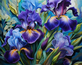 Flower PaintingIris Bright Iris Bright Flowers Art Flower Bouquet Iris Art Prin, Iris Painting Flower Art Print Blue Flowers Set of 5