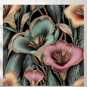 May include: A floral design featuring stylized flowers in shades of teal, pink, and gold against a black background. The flowers have gold glitter outlines and detailed gold stamens. Green leaves and gold accents complete the design.