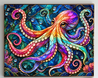 May include: A rectangular wall art print featuring a vibrant, multi-colored octopus with a stained-glass aesthetic. The octopus displays shades of pink, orange, yellow, and purple, set against a deep blue, textured underwater background with bubbles.