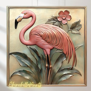 Flamingo Set of 5, Imitation Metal Bronze Vintage 1930s, Tile Design, Original Flamingo on Pond, Designer Work