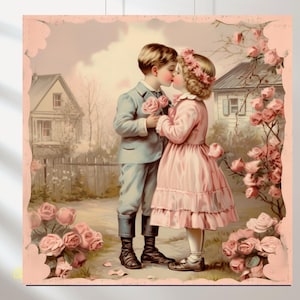 Fille et garçon, lot de 12, fille et garçon s'embrassant, baiser, illustrations shabby chic, dessins vintage, imprimés, cartes numériques carrées
