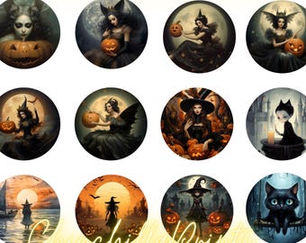45mm 40mm 30mm Halloween Witch Cat Cabochon Images: (Digital Download)