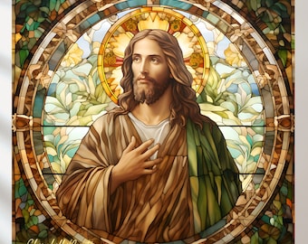 Puede incluir: Una ventana de vitral que representa a Jesucristo con un halo y una mano en el pecho. El fondo presenta un diseño circular con motivos florales en tonos verdes, azules y amarillos.