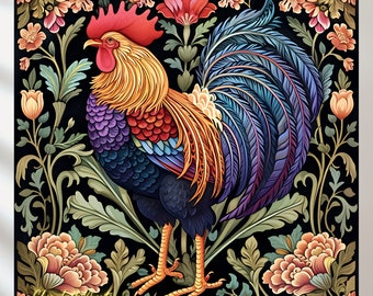May include: A colorful rooster with a blue, green, and red tail feathers stands on a dark background with floral designs. The rooster is surrounded by flowers in shades of pink, red, and yellow.
