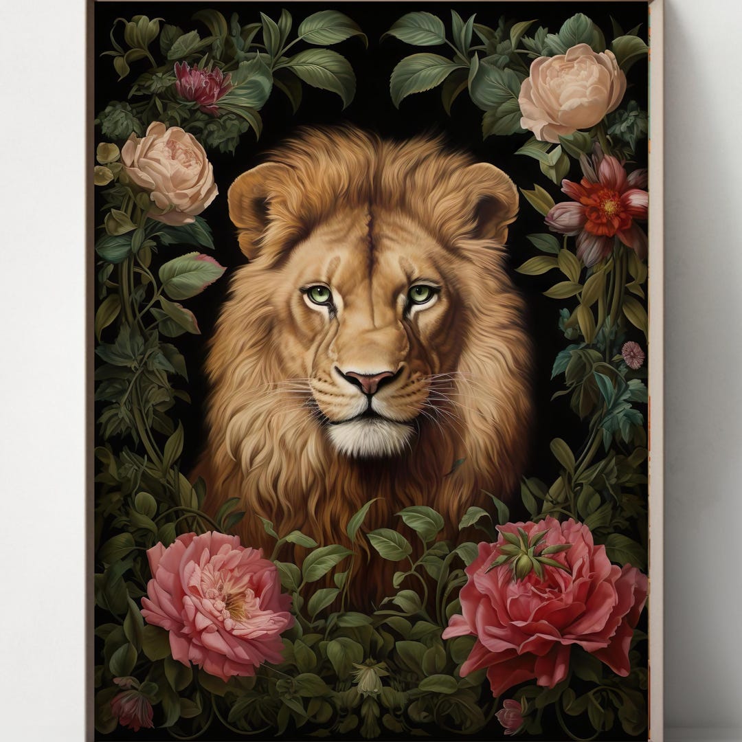 Lion Set of 3 in Art Nouveau Style, Floral Decor in Pastel Colors ...