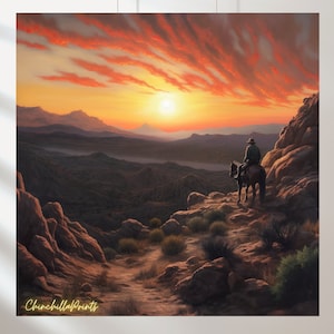 Wild West Art Print: Cowboy Sunset, Mountain Landscape