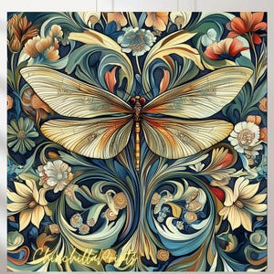 May include: A detailed illustration of a dragonfly with intricate wings, set against a background of swirling floral patterns in shades of blue, green, and gold.