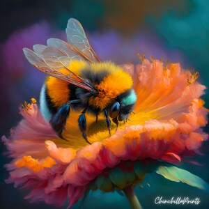 Bumblebee on Flower Art Print Set: Oil Style Bee Painting (PNG Files)