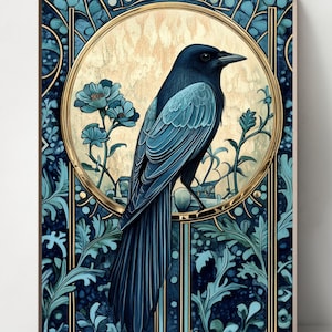 May include: A framed art print featuring a stylized blue bird perched within a gold-rimmed circle. The bird has detailed blue feathers and is set against a backdrop of blue floral patterns and a cream-colored background.