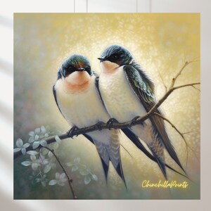 May include: A digital art print featuring two swallows perched on a branch. The birds have white breasts, black and green wings, and a reddish-orange throat. The background is a soft, golden hue, with the text "ChinchillaPrints" in the lower right corner.