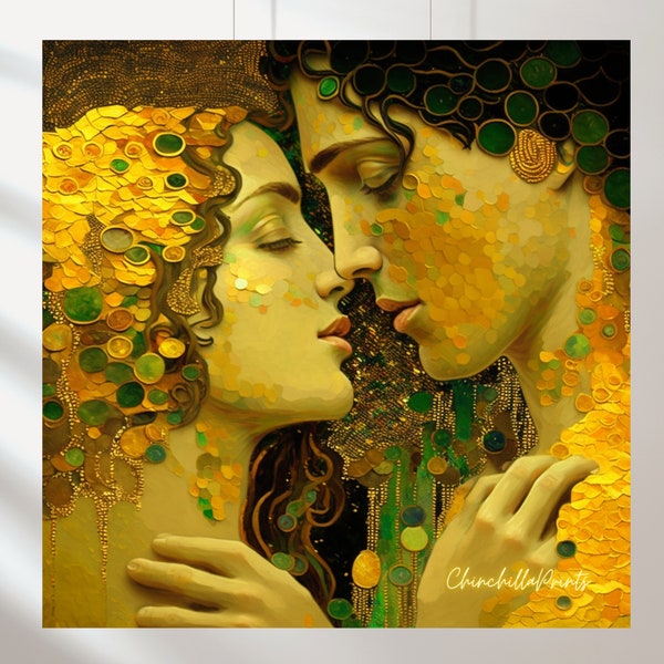 Kiss of a couple in love couple in love kiss gold drawing inspired by Klimt Art