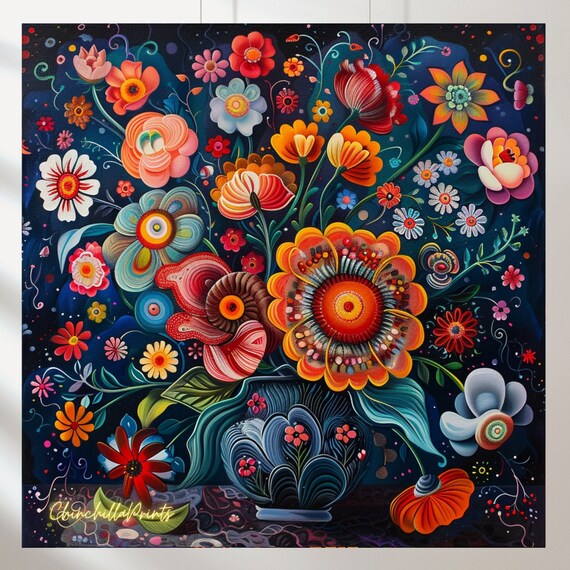 メノウを使用した装飾の花瓶と花のアート メキシカンスタイルの花瓶プリント5個セット：マキシマリストな壁飾り