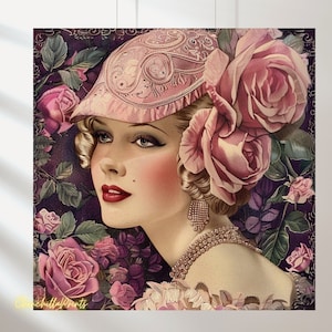 Puede incluir: Una ilustración de estilo vintage de una mujer con un sombrero rosa adornado con rosas. La mujer tiene un aspecto suave y femenino con mejillas sonrosadas y labios rojos. El fondo es de color morado oscuro con un patrón floral.