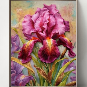 May include: A framed artwork featuring a close-up of a vibrant iris flower. The flower has layered, ruffled petals in shades of magenta and burgundy, with yellow and orange accents. Green leaves and purple buds are also visible.