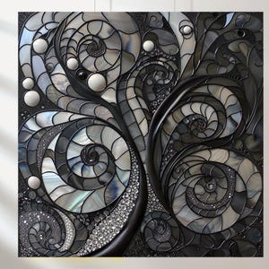 May include: Abstract wall art featuring a swirling, mosaic-like design in shades of black, gray, and white. The artwork incorporates spiral and circular patterns, with iridescent and textured elements. The piece has a three-dimensional appearance, with raised details and a glossy finish.