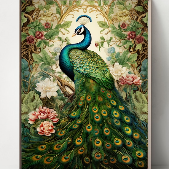 Set of 4 Art Nouveau Peacock Print Set: William Morris Style