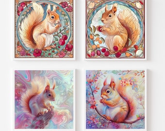 Squirrel in Art Nouveau style. Delicate floral squirrel print for commercial use