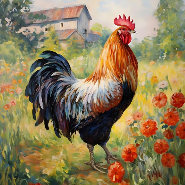 Impression d'art de coq art mural de coq aquarelle de coq coloré de coq impression d'art de cuisine, oiseau imprime art de poulet de village