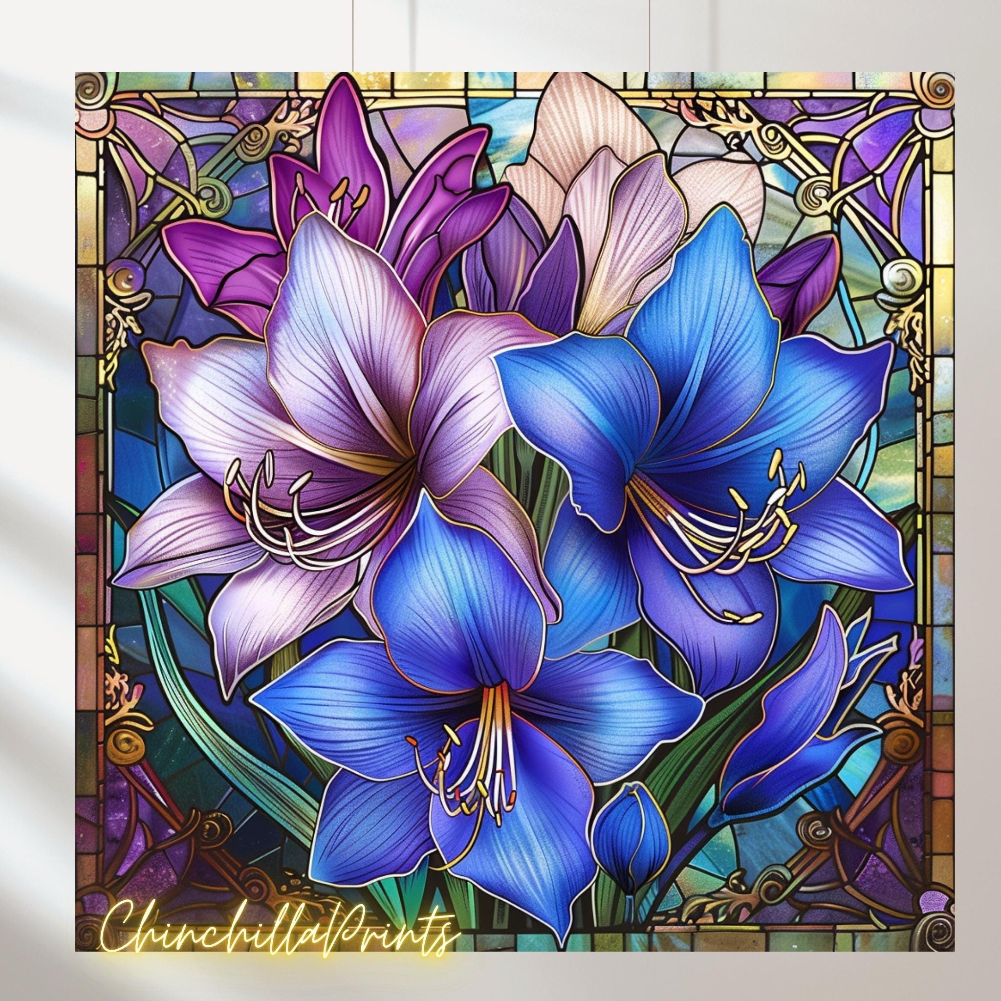 Limited 絵画 花 art アマリリス vintage flower 希少 青いアマリリスのステンドグラスプリント、水彩画フラワーアート5枚