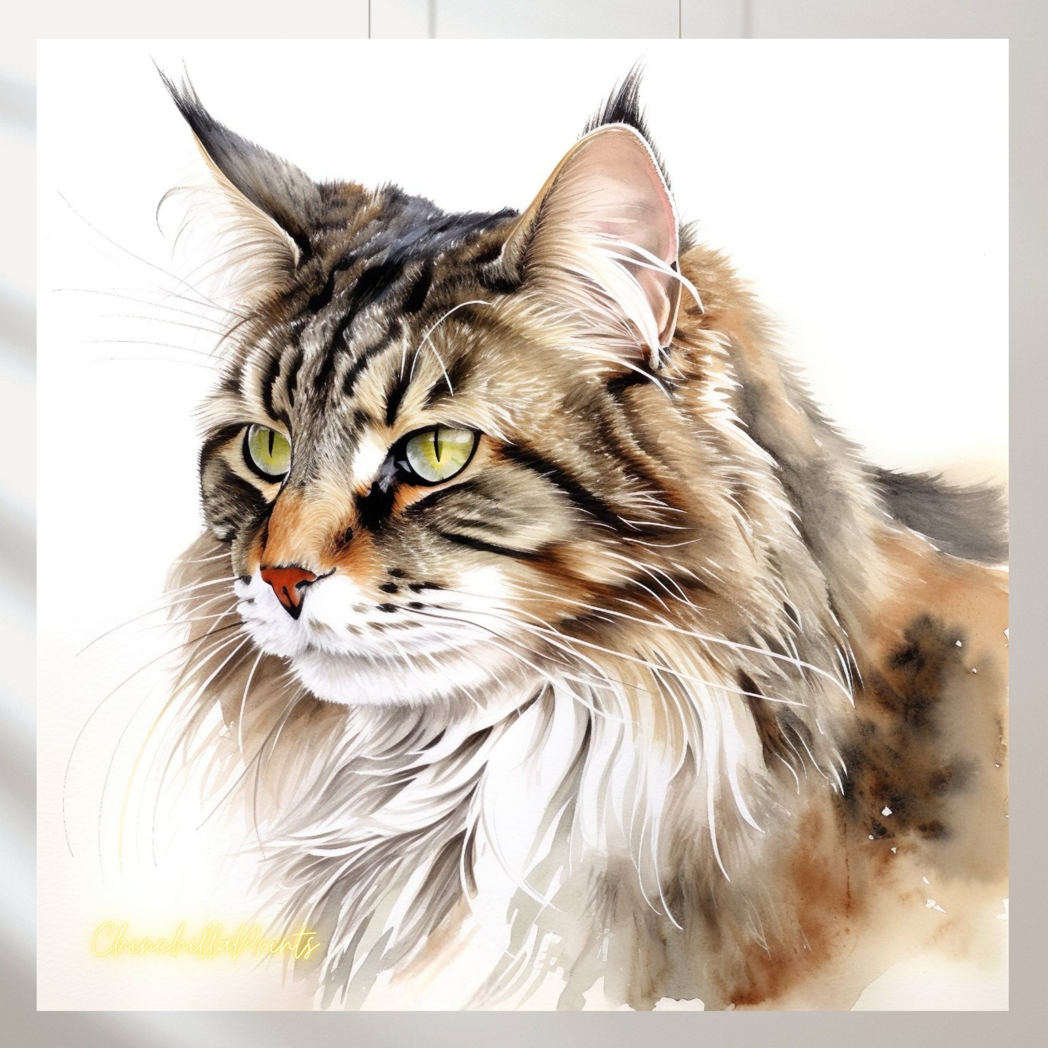 ノルウェージャンフォレストキャットの水彩画：緑の猫の肖像画